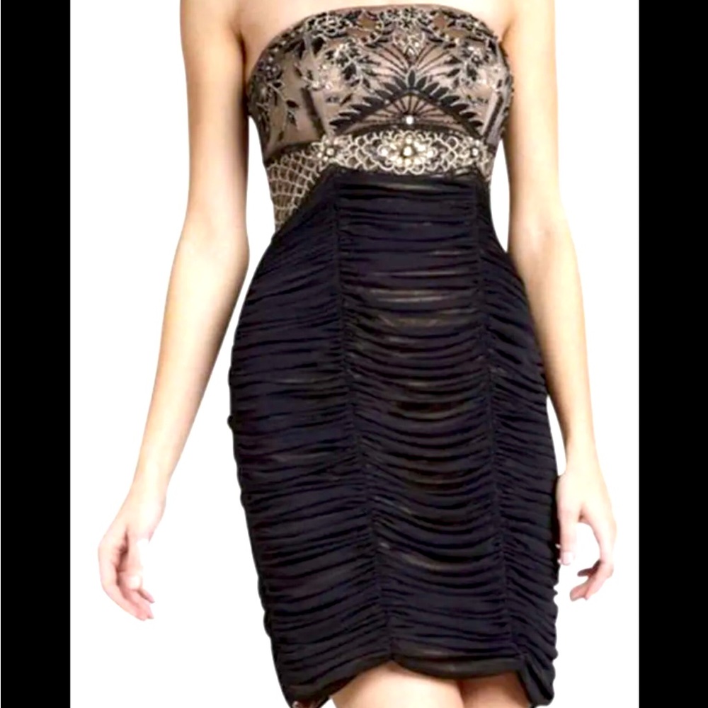 Sue Wong Black Gold Strapless Beaded Ruched Dress 14 Formal Party Rhinestones